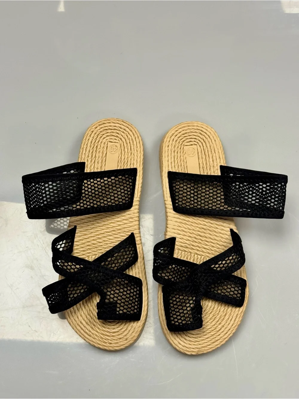 Women’s Size 40 Black Mesh Bow Raffia Slide Sandals Beach Resort Flats